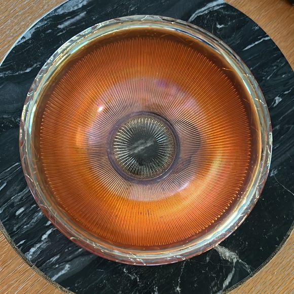 Antique 1928 Jeannette Glass Marigold Floral + Ribbed Carnival Glass Bowl - Picture 10 of 10